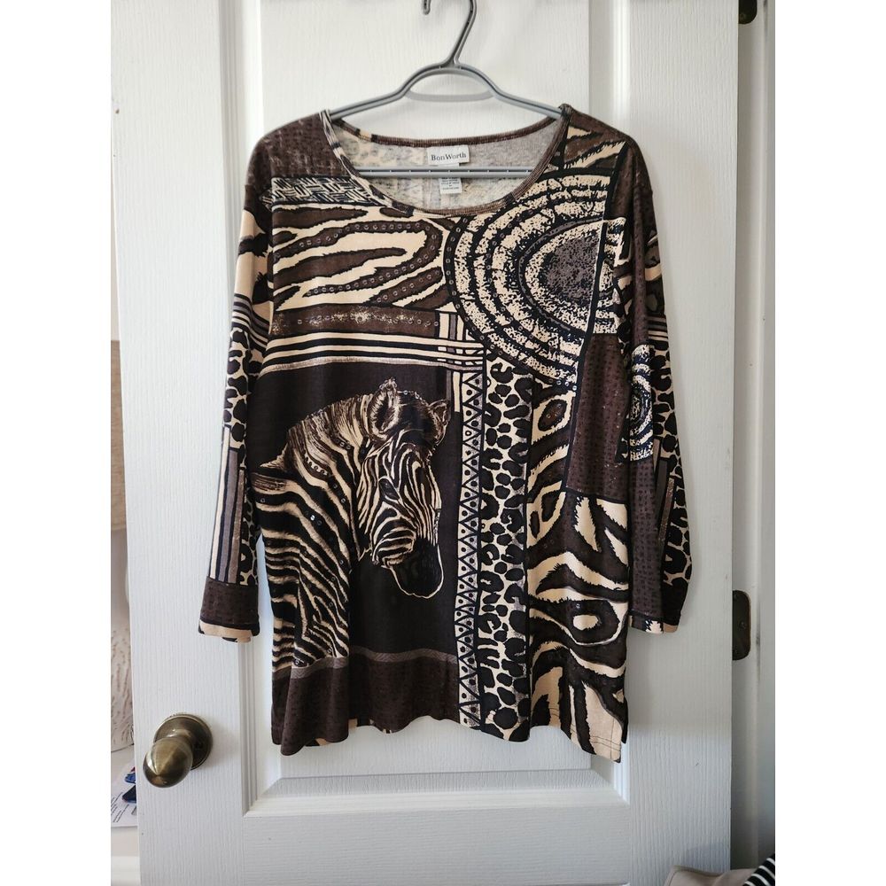 Bon Worth Stretch Zebra Animal Print Top Beaded Brown Artsy Boho Safari Size M